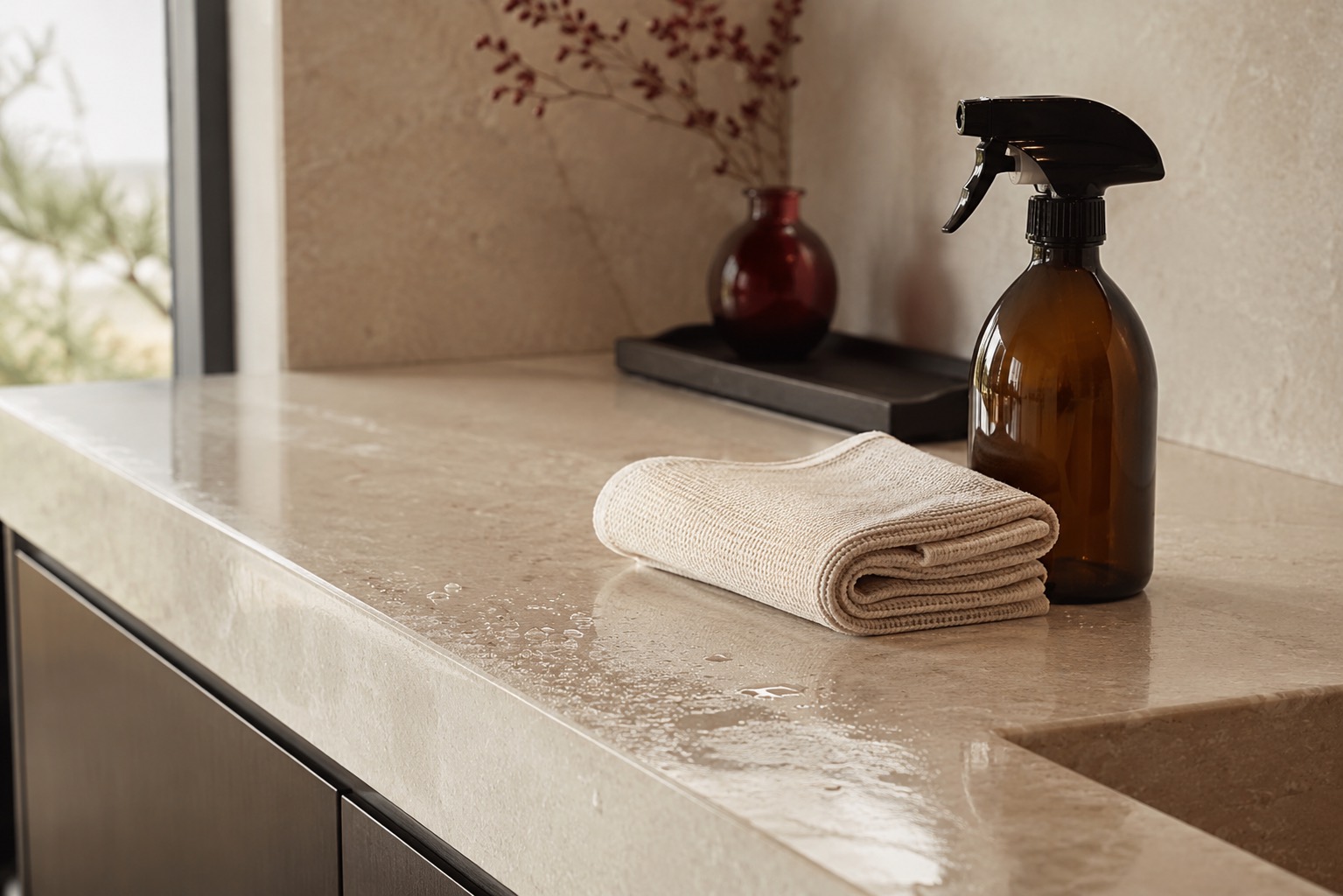 Limestone counter wiped to a shine beside a burgundy vase