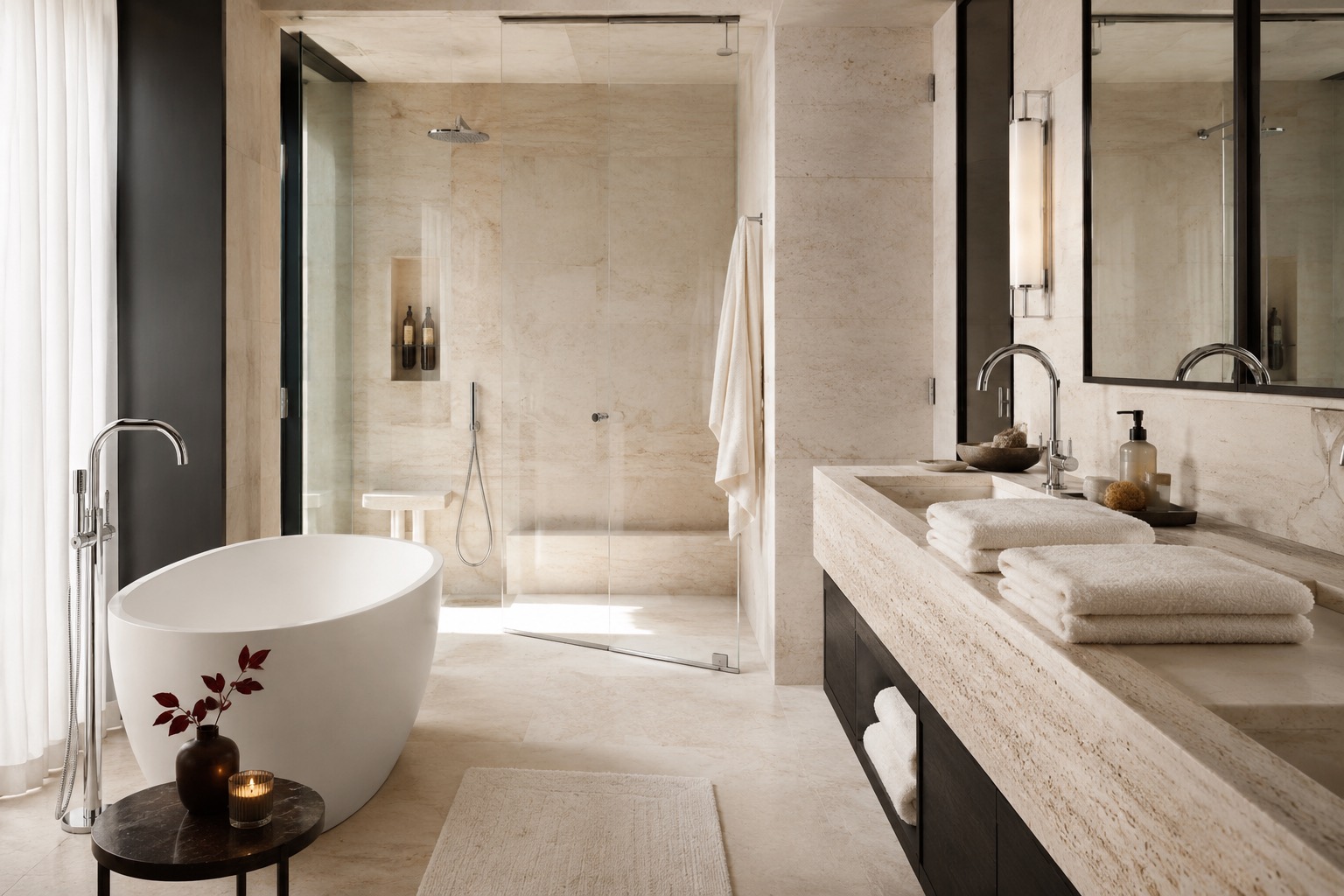 Travertine bathroom with a freestanding tub and burgundy stems