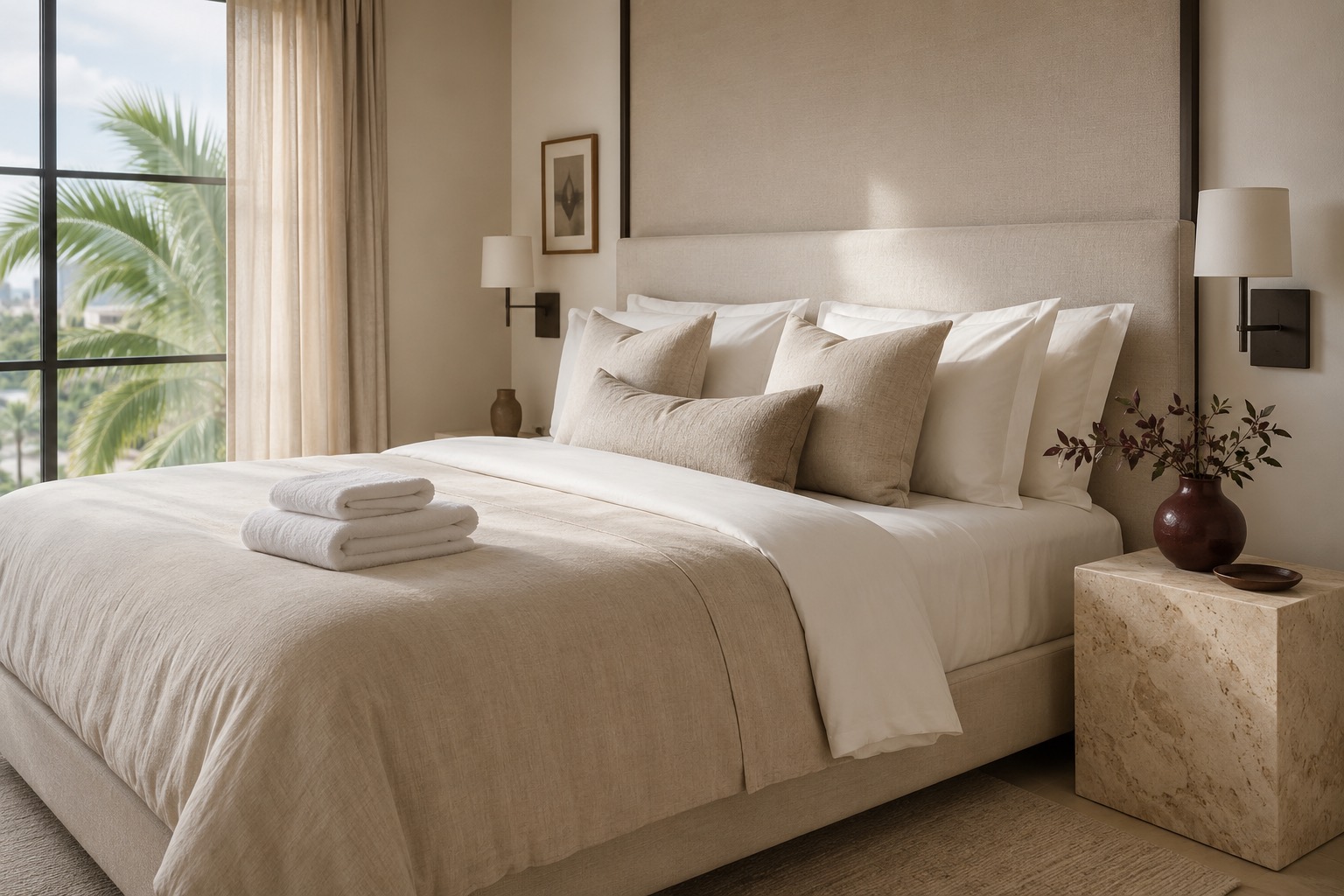Linen-dressed bed with fresh towels and a burgundy vessel
