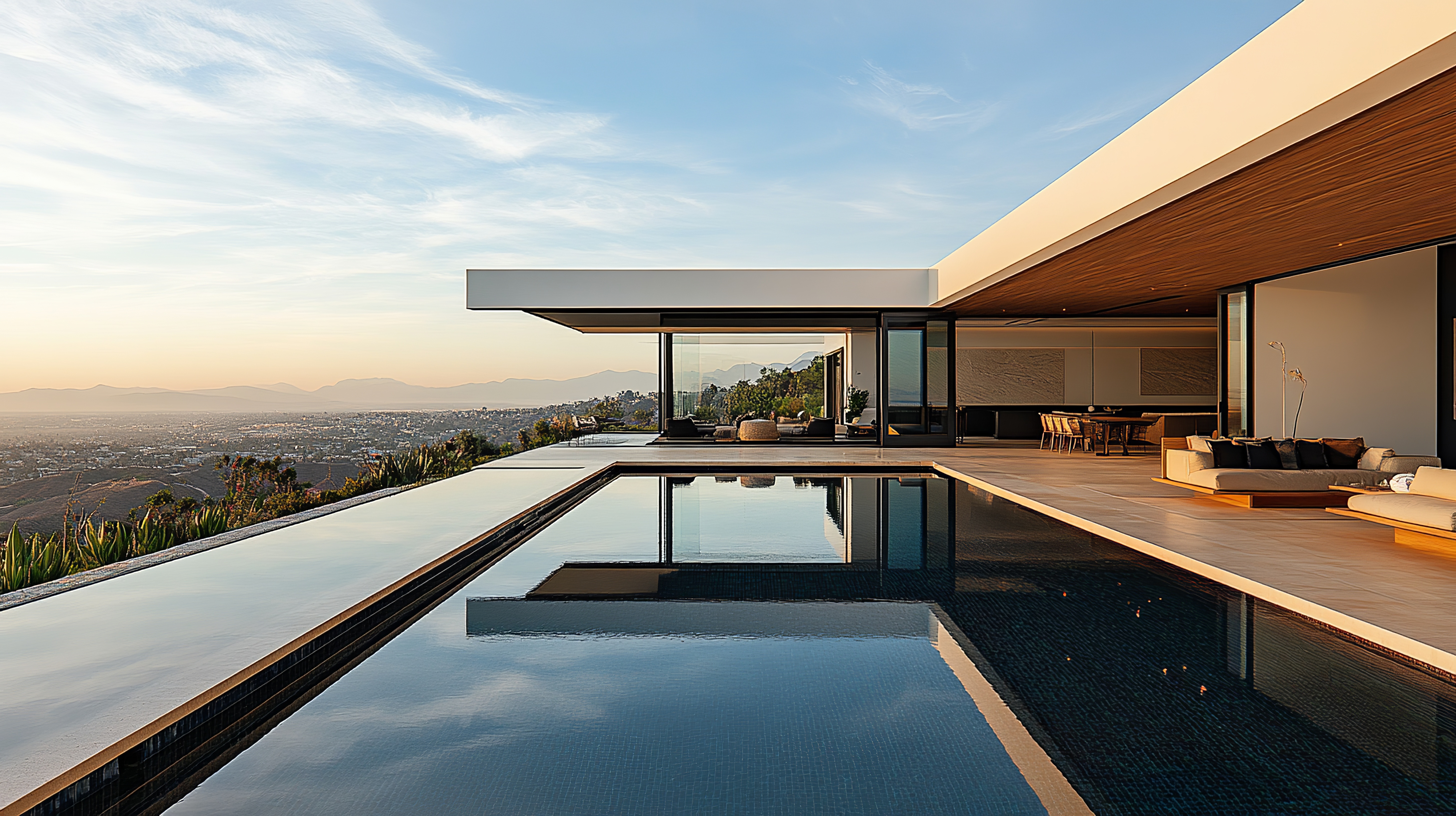 Refined outdoor pool terrace at sunset