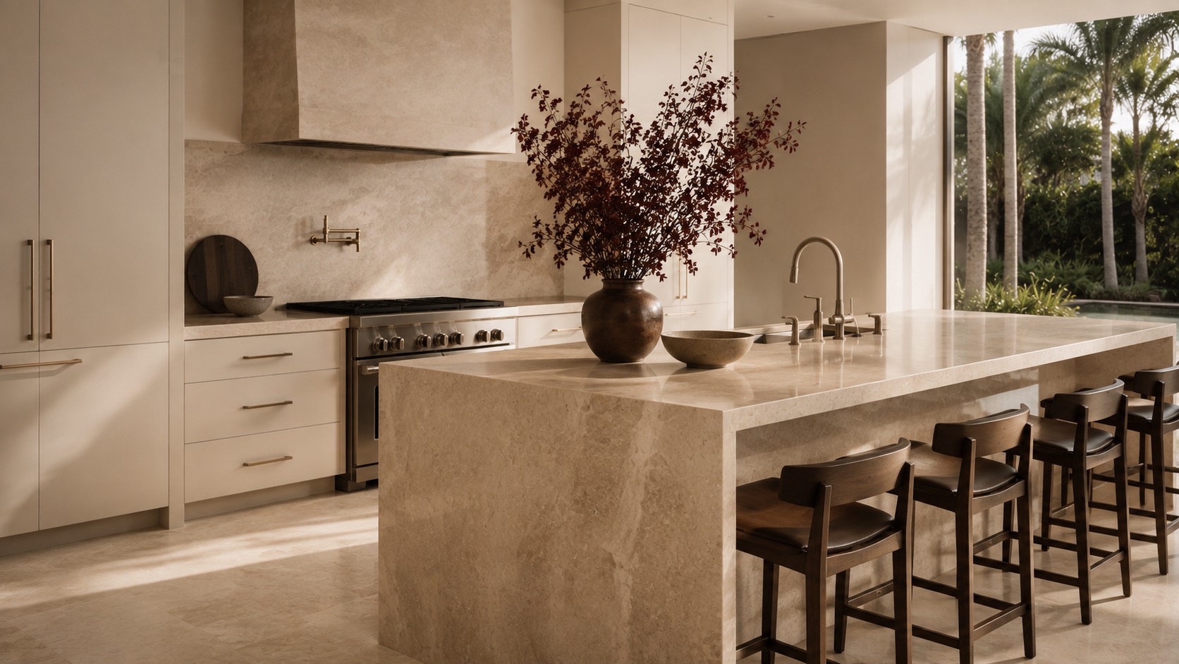 Travertine kitchen island with burgundy branches and a view to the garden
